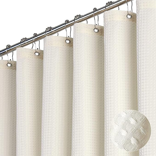 Dynamene Stall Fabric Shower Curtain， 54x78 inch Long Waffle Weave Weighted Thick Cloth Shower Curtains for Bathroom,Neutral Heavy Duty Hotel Spa Luxury Bath Curtain Set with 10 Plastic Hooks,Ivory