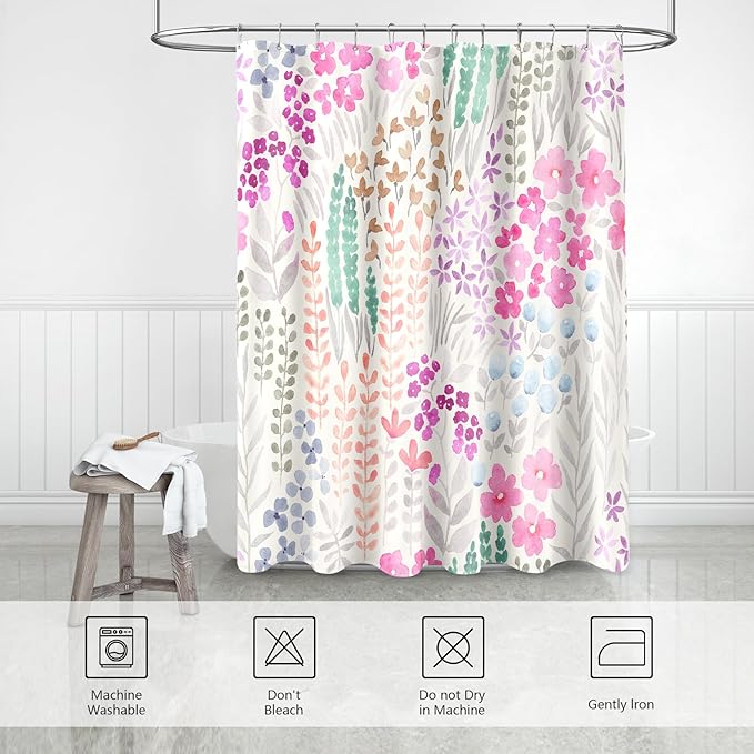 Hot Pink Cute Floral Shower Curtain, Colorful Plant Leaves Watercolor Flower Fabric Shower Curtain, Boho Funky Wildflower Shower Curtain Set, Cottagecore Bohemian Bathroom Decor, 72x72