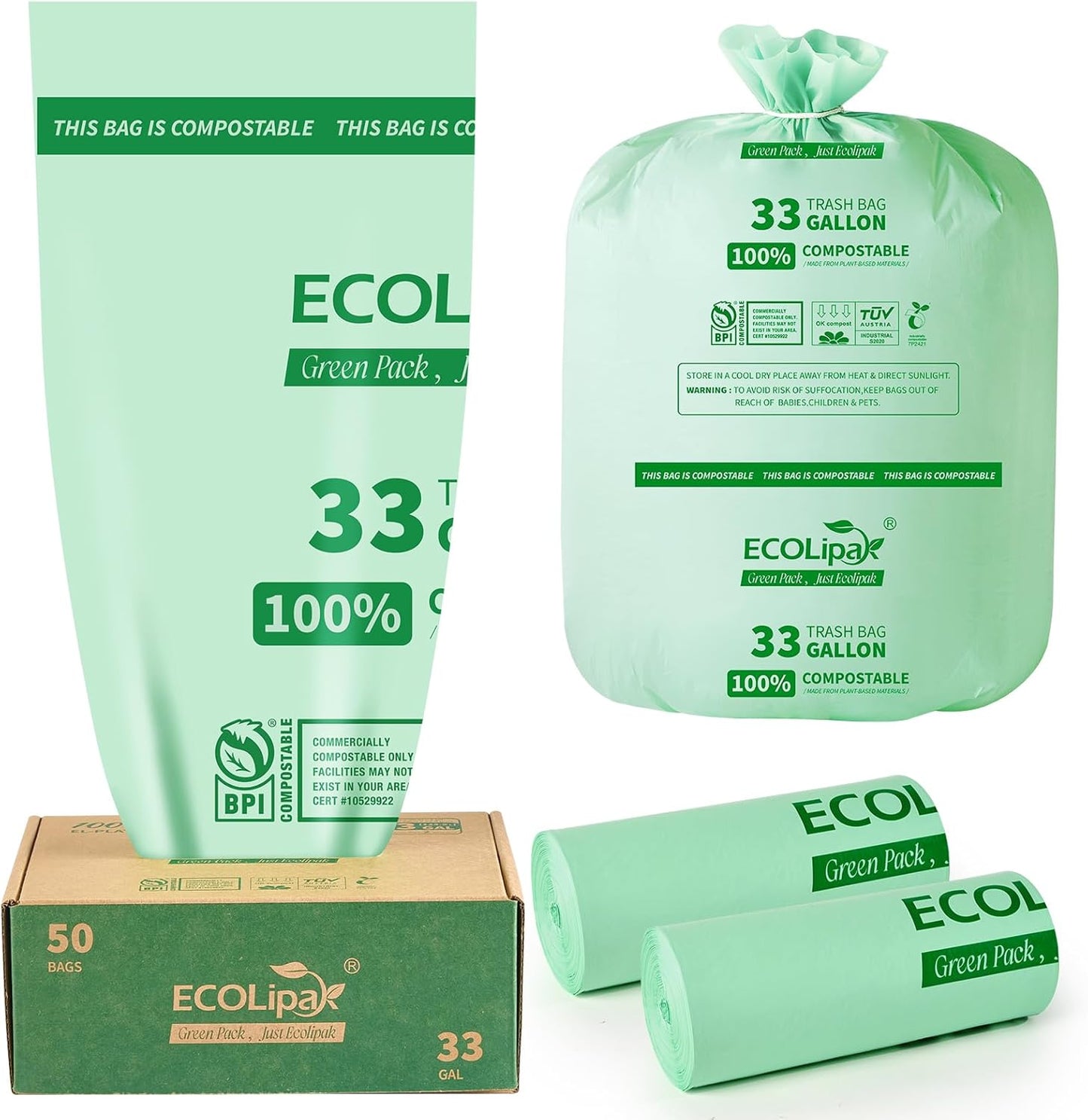 ECOLipak 33 Gallon Compostable Trash Garbage Bags, 50 Count (2 Rolls) Biodegradable Heavy Duty Large Outdoor Trash Bags for Lawn/Yard, US BPI ASTM D6400 and OK Compost Home Certified