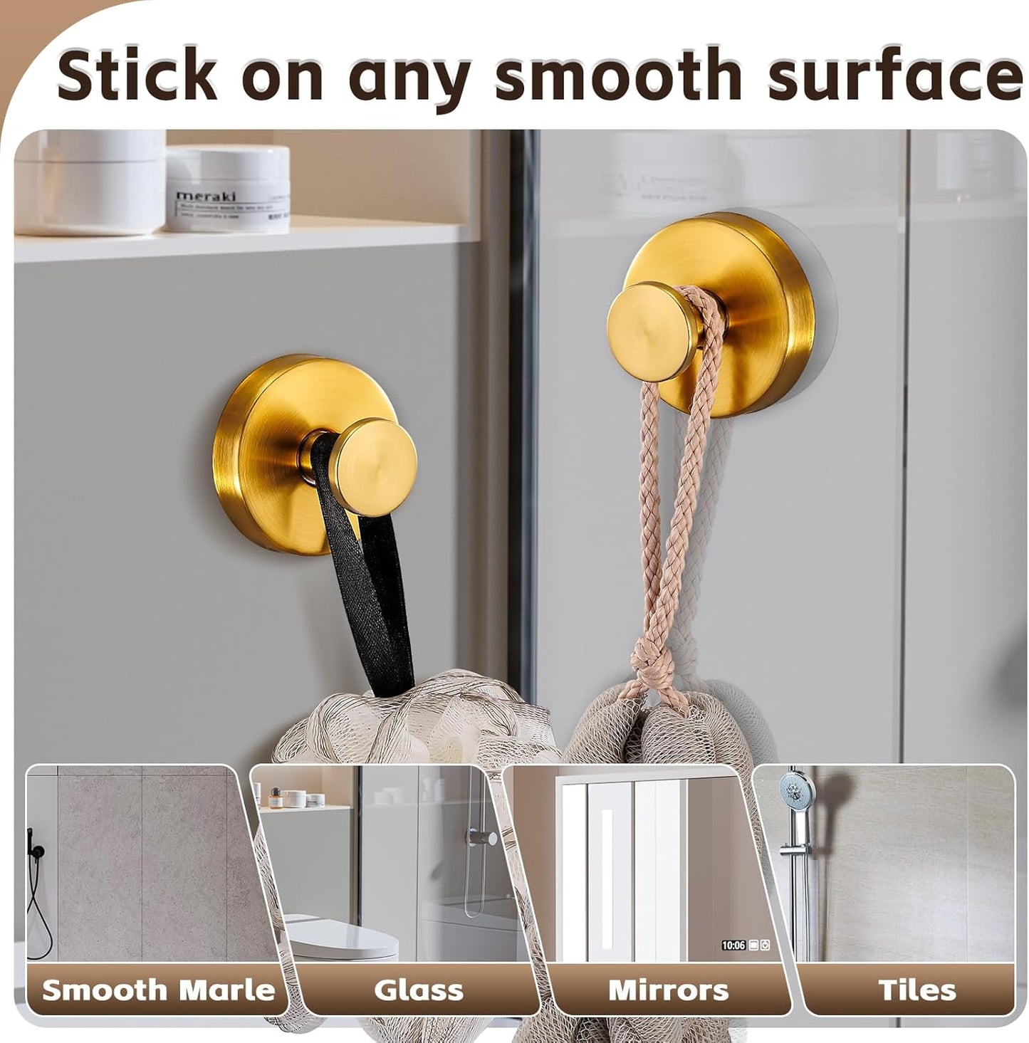 Reusable Heavy Duty Suction Cup Hooks for Kitchen/Bathroom/Shower - Wet-Proof Hooks for Towels, Robes, Loofah&Wreaths/No Drill Mounting on Glass, Tile, Metal (2, Brushed Gold)