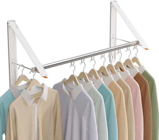 Clothes Drying Rack Retractable, Wall Mounted Clothes Hanger Rack for Laundry Room, Laundry Drying Rack with Clothes Rod Space Saving Closet Organizer Aluminium (White, 2P)