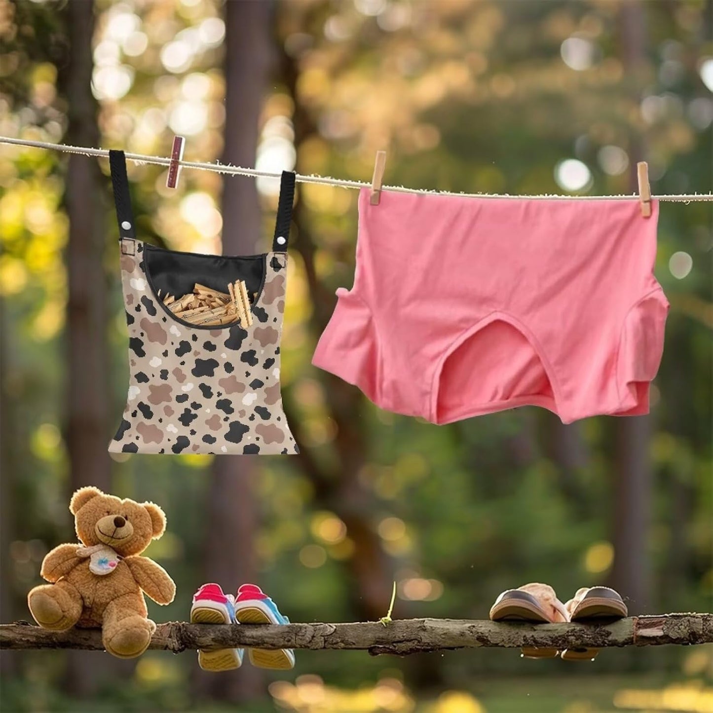 Clothes Pin Hanging Bag, Clothes Pins Bag Holder Outdoor Stylish Clothespin Bag with Hanging Rope for Clothespin - Cow Pattern