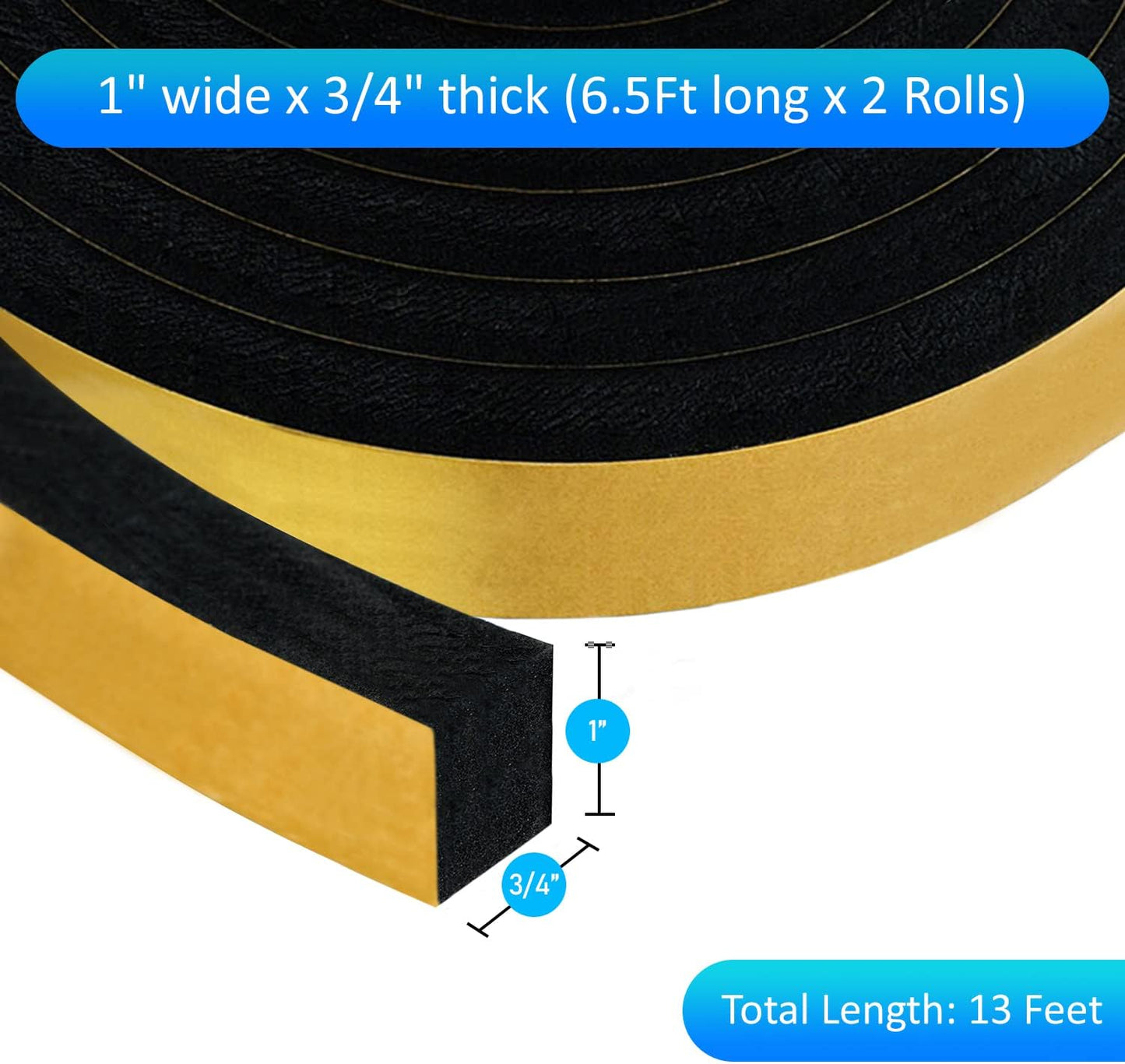 High Density Foam Weather Stripping Door Seal Strip Insulation Tape Roll for Insulating Door Frame, Window, Air Conditioner | Self Adhesive Sealing Weatherstrip (Black, 1 in 3/4 in x 13 Ft)