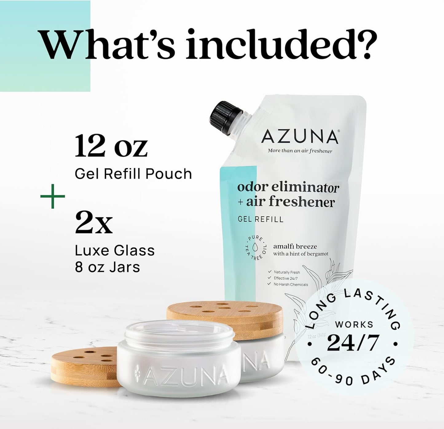 Azuna Air Freshener & Odor Eliminator for Strong Odor | 2 Room Kit Includes (2) 8 oz. Empty Luxe Glass Jars & 12 oz | Refill with Tea Tree Essential Oil Gel | Amalfi Breeze | Last 60-90 Days