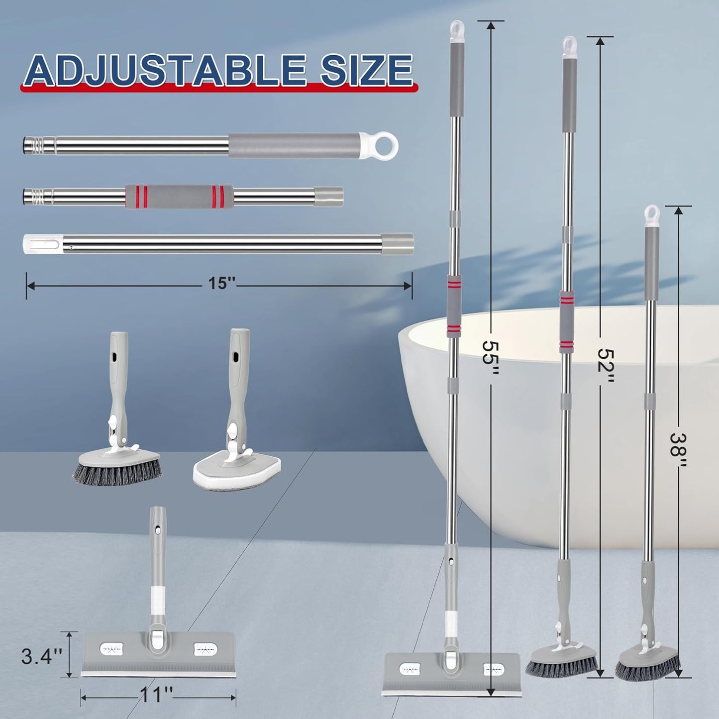 Tile Tub Floor Cleaner Scrubber With Long Handle - 5-in-1 Shower Brush Set for Bathroom, Kitchen, Walls, Sink - Includes Window Scraper and 3 Detachable No Scratch Heads