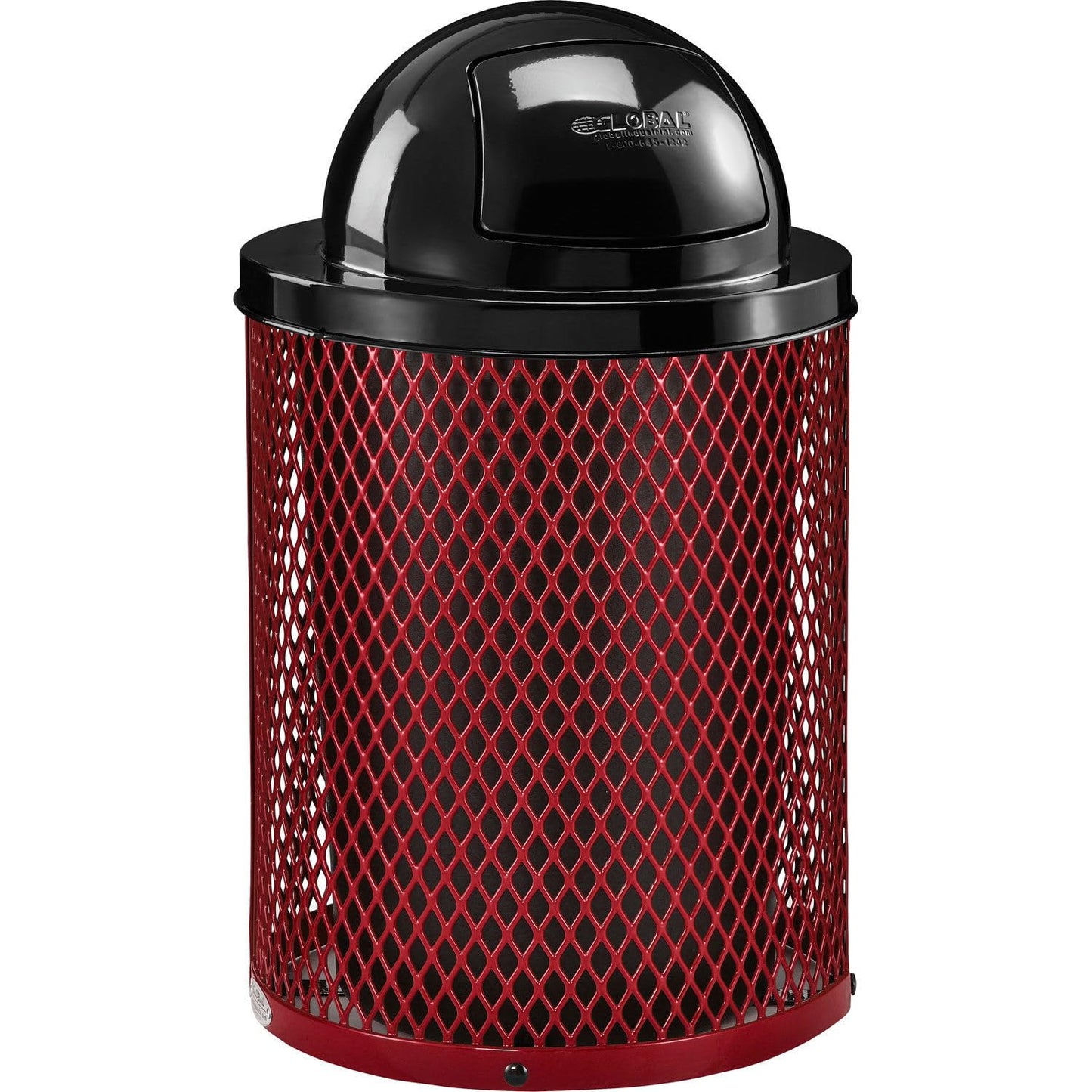 Global Industrial 36 Gallon Outdoor Steel Trash Can with Dome Lid and Raised Base, Plastic Liner and Anchor Kit Included, 23-1/2" Diameter x 43" H, Powder Coat Finish, Unassembled, Red