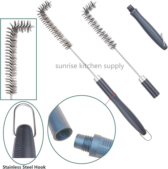 SUNRISE Fryer Brush with Long Handle (Stainless Steel with Plastic Handle, L, Double Brush, and Rubber Handle Cleaning Rod)