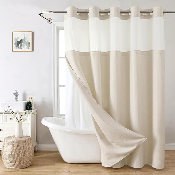 Extra Long No Hooks Needed Linen Textured Shower Curtain with Snap-in Fabric Liner Set,Cream Hotel Luxury Decor Shower Curtains for Bathroom,Waterproof & Washable,71Wx92H