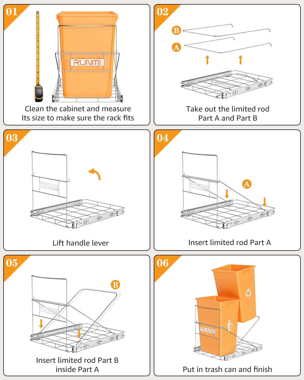 Double 37 Quart Pull Out Trash Can Under Cabinet, Under Sink Trash Rack, 70 Liter Total Capacity, Cabinet Trash Pull Out Kit, Trash Bin Not Included