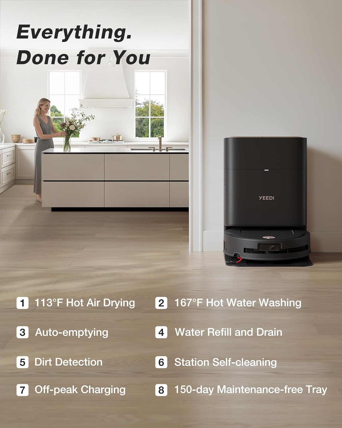 Yeedi M14 Plus Robot Vacuum and Mop, 18,000Pa Suction, OZMO Roller Instant Self-Washing Mopping, 167℉ Smart Dynamic Hot Wash & Auto-Dry, ZeroTangle 3.0 Anti-Hair Brush, All-in-One Omni Station, Black