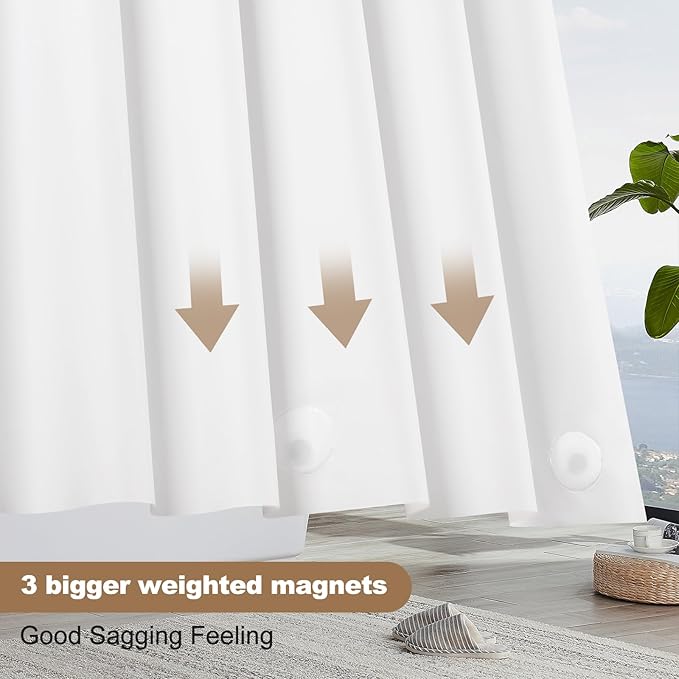 UFRIDAY White Short Shower Curtain Liner Premium PEVA 72 x 66 inch,Heavy Duty Shower Curtain with 3 Weighted Magnets, Plastic Waterproof Grey Shower Curtains for Bathroom with 12 Hooks
