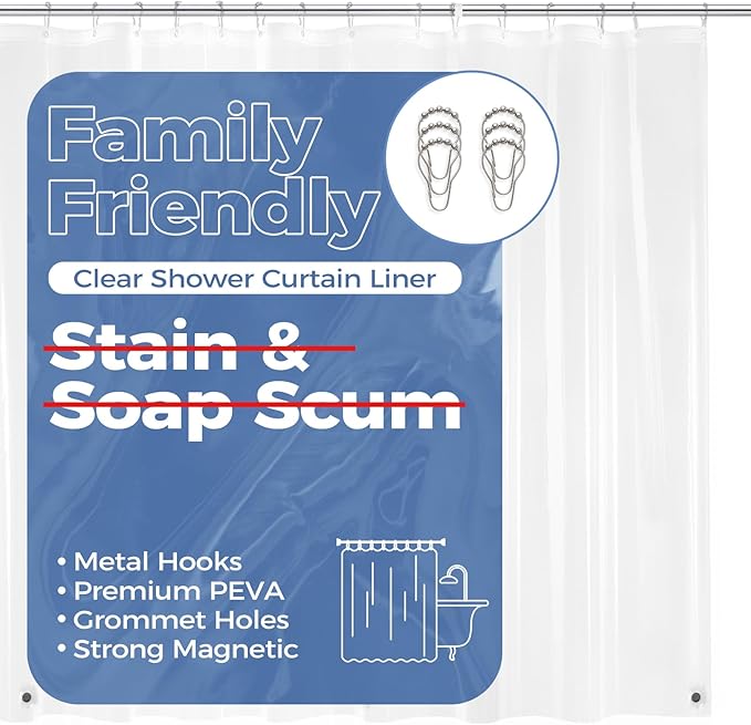 downluxe Clear Shower Curtain Liner with Hooks, PEVA Plastic Shower Liner, 36" W x 72" L Waterproof Lightweight Bathroom Curtain(6 Hooks, 1PC)