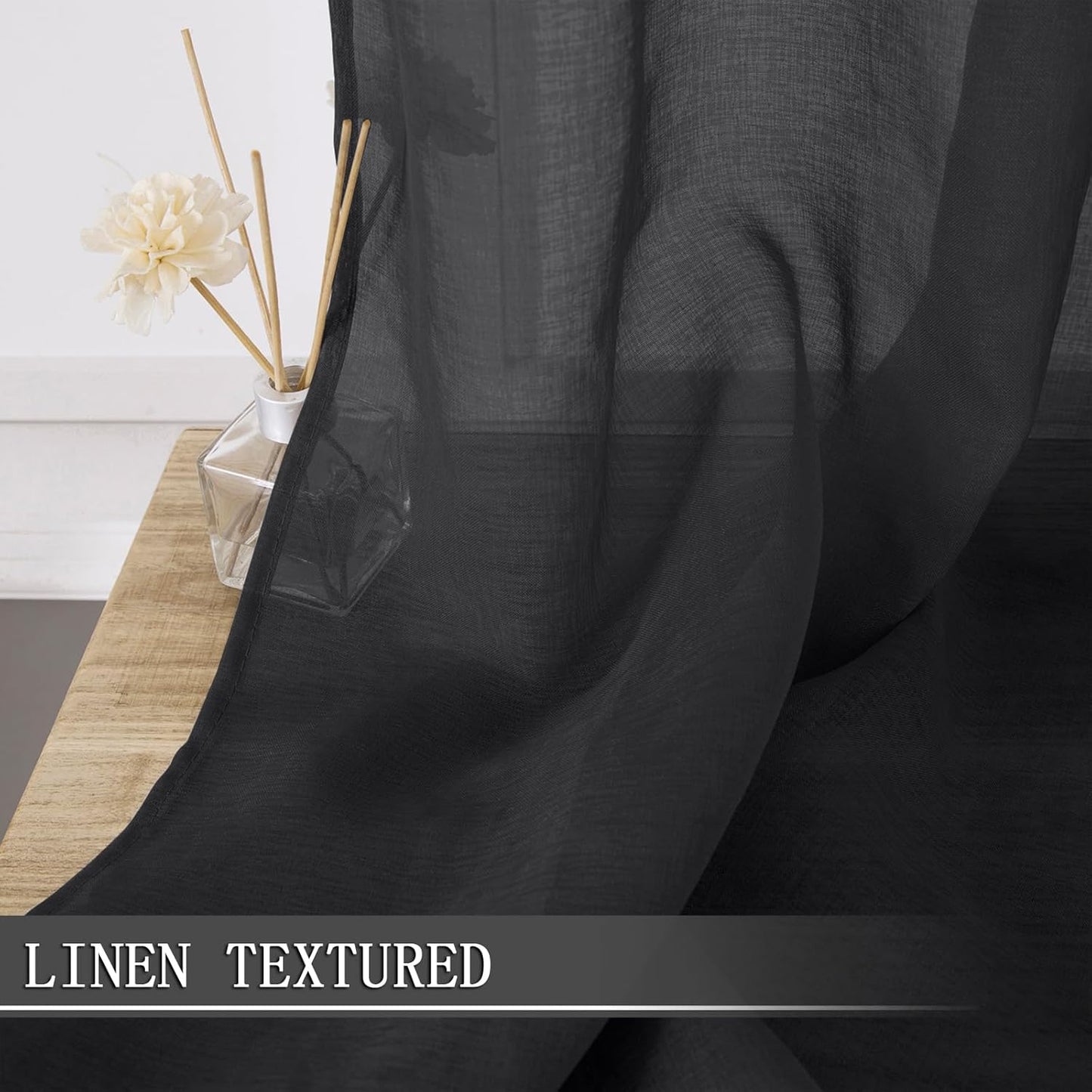 Tollpiz Sheer Curtains Living Room Linen Textured Curtain Sheers Light Filtering Voile Rod Pocket Curtains for Bedroom, 38 x 63 inches Long, Black, Set of 2 Panels