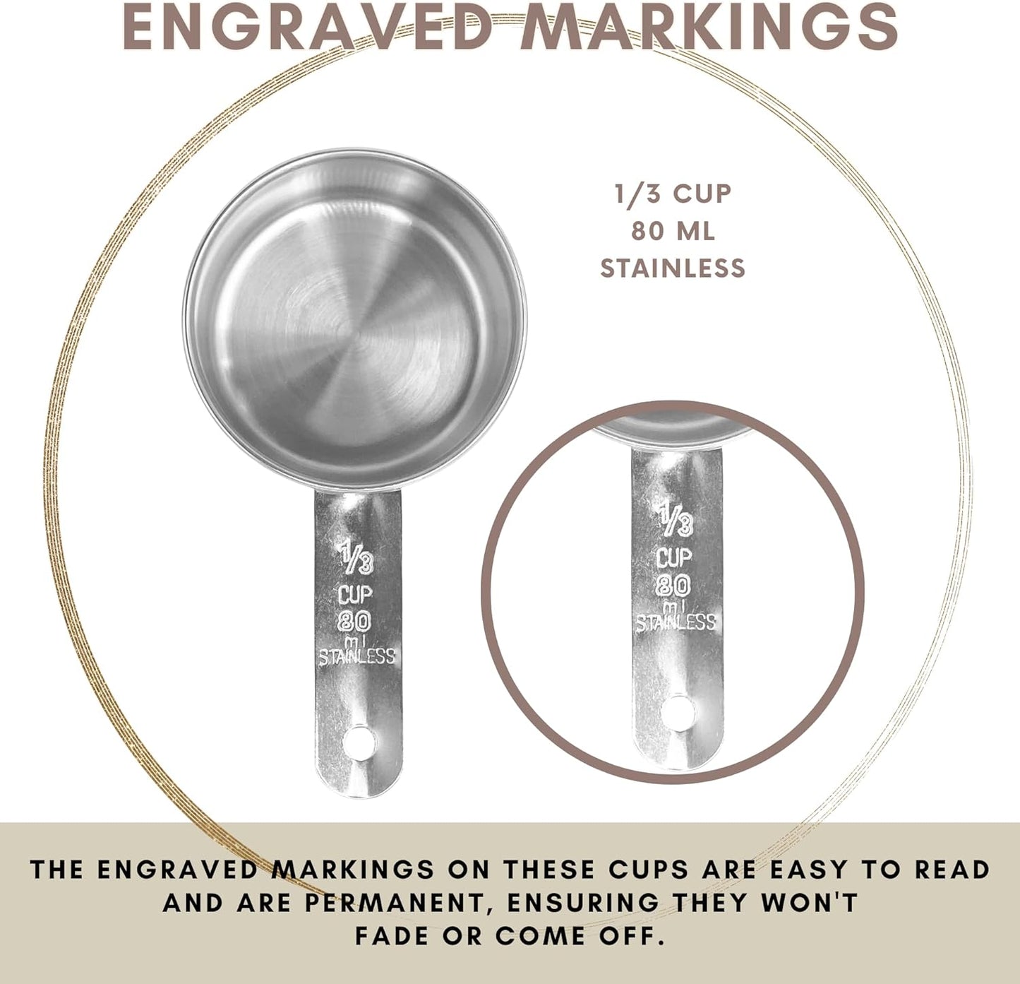 1/3 Cup Stainless Steel Measuring Cup | Sturdy Metal 80 ml | 80 cc | 3 oz | Single Cup for Wet and Dry Ingredients | Great for use as 1/3 Cup Dog Food Scoop - 1 PK