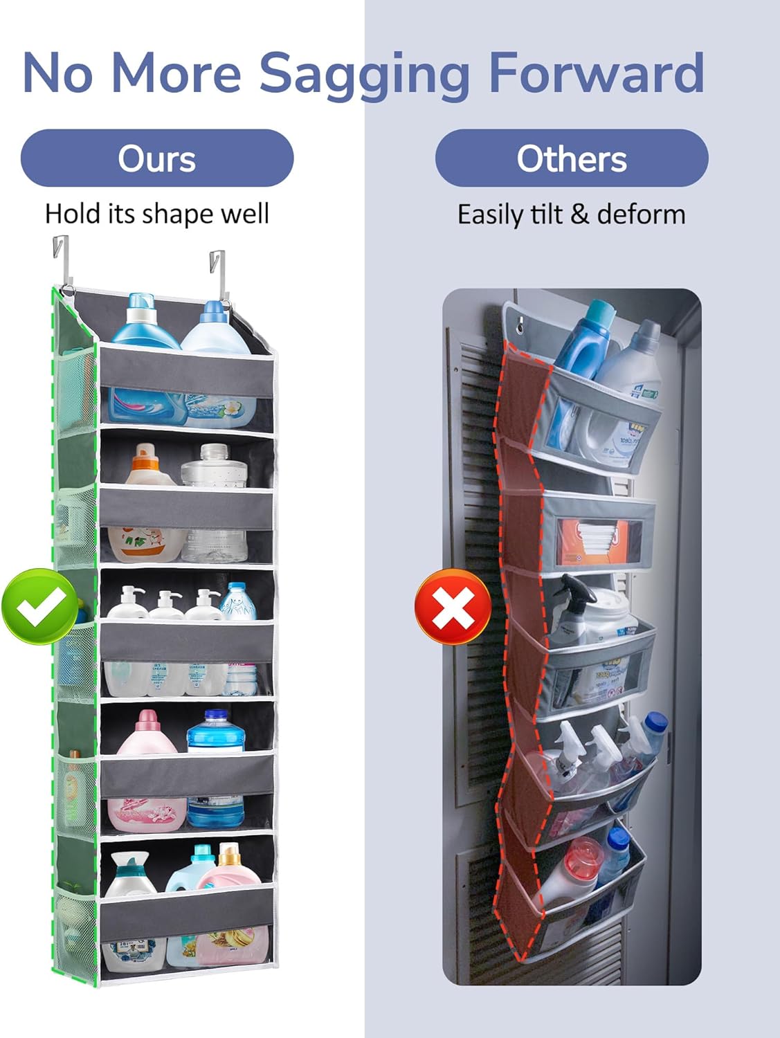 ULG 1 Pack Over Door Organizer with 5 Large Pockets 10 Mesh Side Pockets, 44 lbs Weight Capacity Hanging Storage Organizer with Clear Window Kids Toys, Shoes, Diapers, Dark Grey, 5 Layers