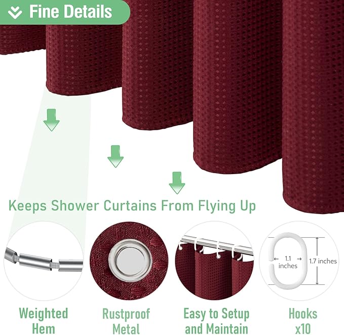 Dynamene Stall Fabric Shower Curtain - 54x78 inch Long Waffle Weave Weighted Thick Cloth Shower Curtains for Bathroom, Heavy Duty Hotel Spa Luxury Bath Curtain Set with 10 Plastic Hooks, Burgundy