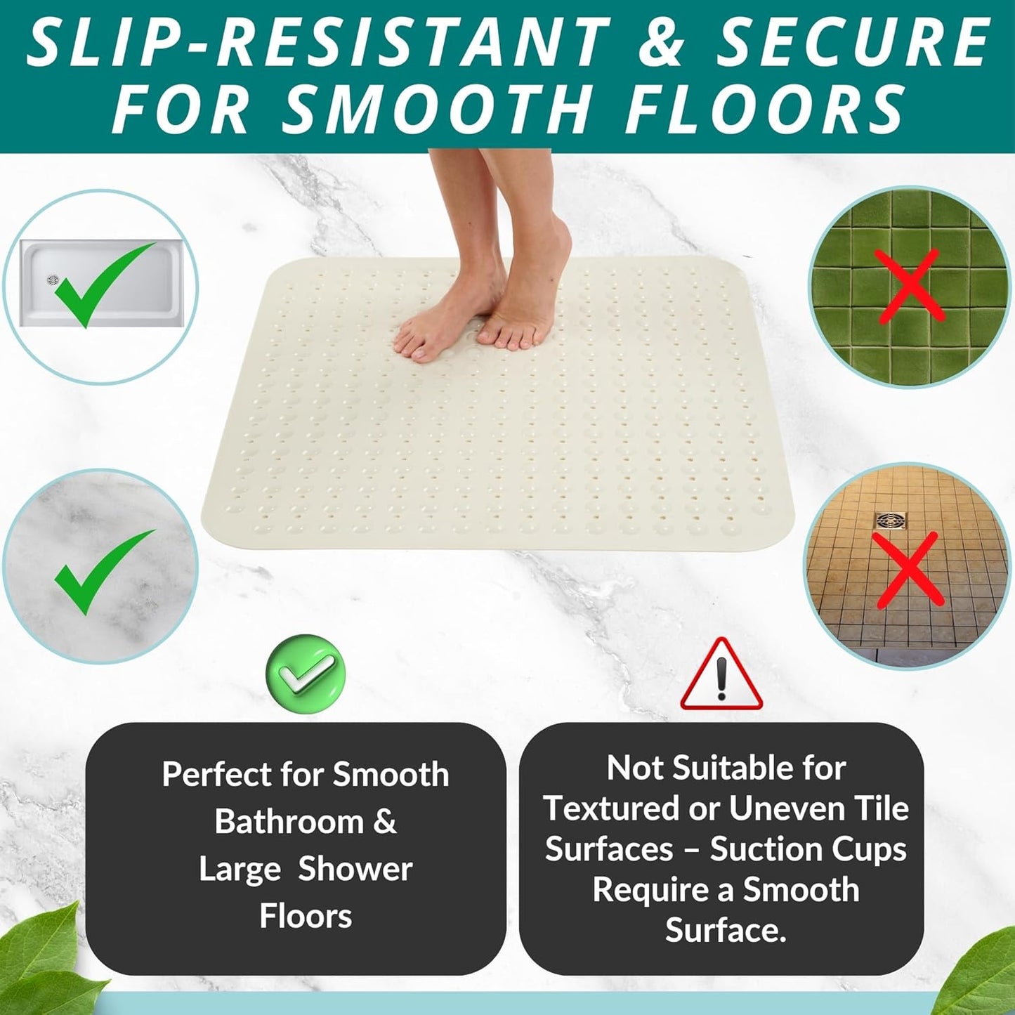 ENKOSI Extra Large Square Non Slip Shower Mat - 31 x 31-inch XL Bathroom Shower Mat - Square Shower Matts for Shower Stall Floors | Secure Suction Cups and Drain Holes (31x31 Pearl White)