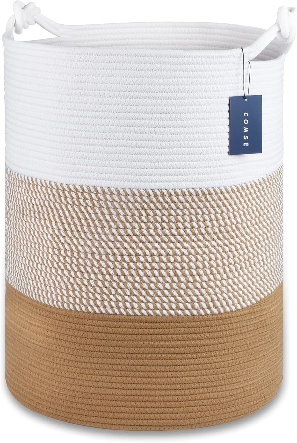 COMSE Extra Large Blanket Basket, Tall Woven Storage Basket, Nursery Hamper, 15.7”x 21.7”, Cotton Rope Laundry Hamper for Toys Clothes Towels, White/Camel