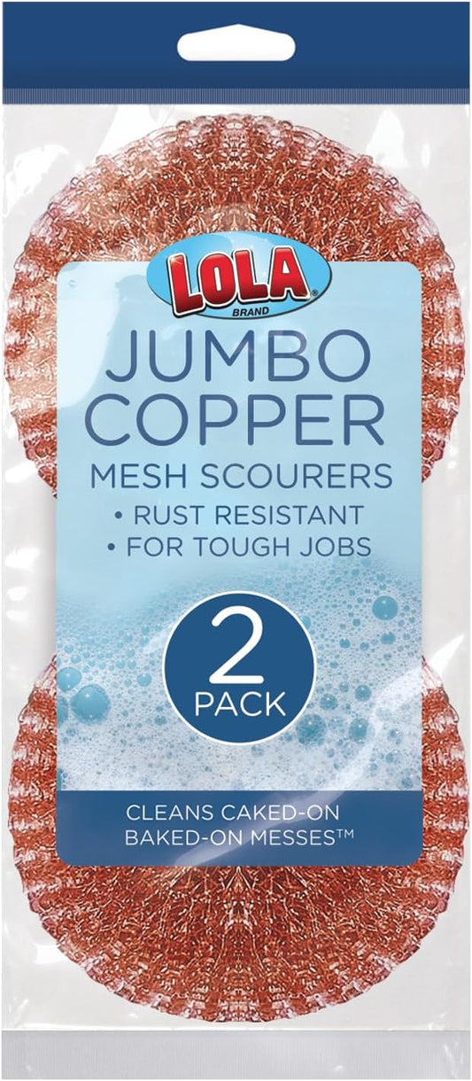Copper Mesh Scouring Pad by LOLA, 2 Pack, 45 Grams, 4" Heavy Duty Cleaning Pads, Copper Coated Knitted Wire Mesh, Recyclable, Cleans Baked On Messes