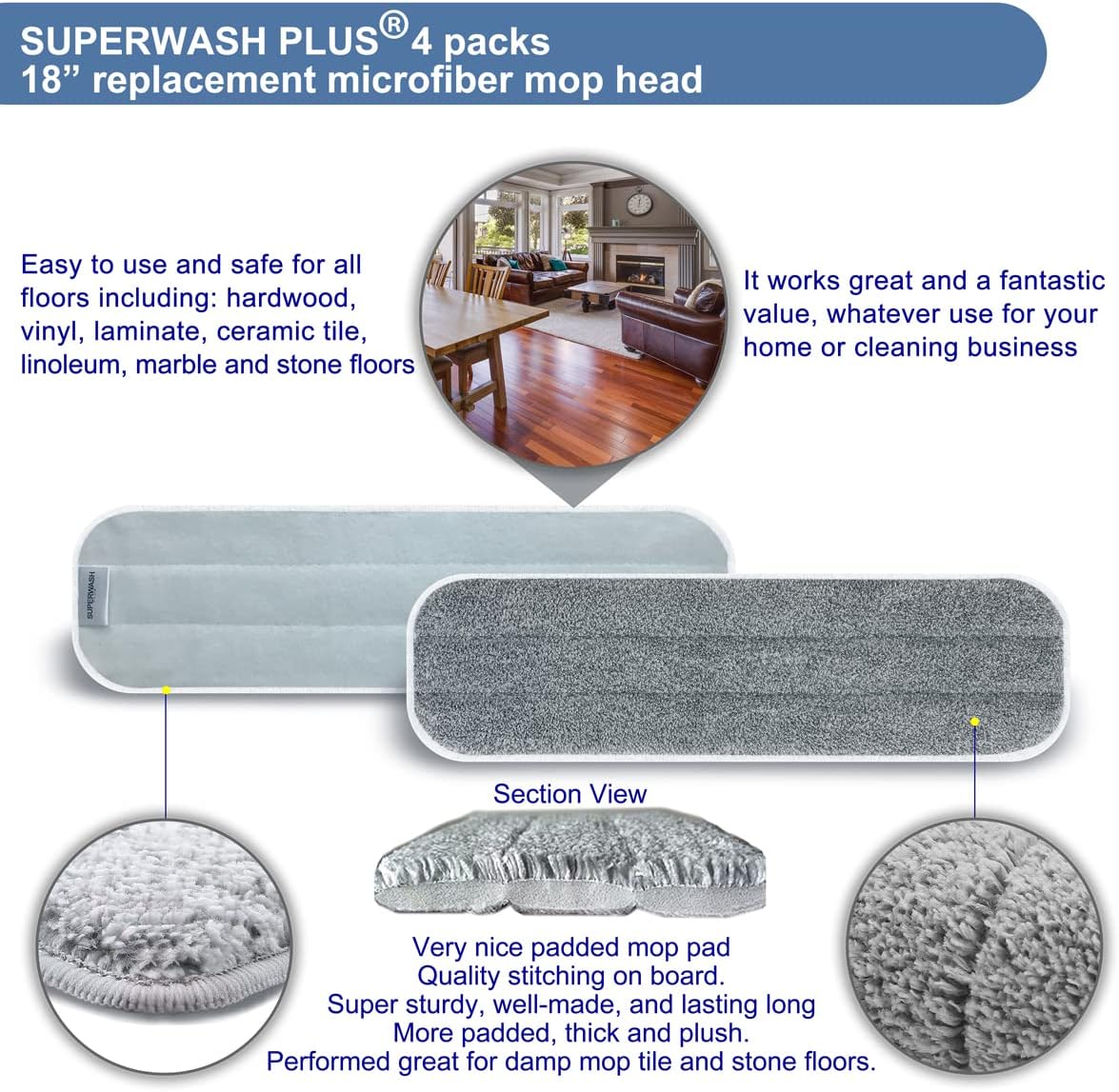 Replacement Microfiber Mop Pads - 18''x5'' Wet Dry Floor Cleaning Pad Compatible with Bona Floor Care System, Reusable Mop Refill Fits 17” to 18” Flat Mop - 4 Pack