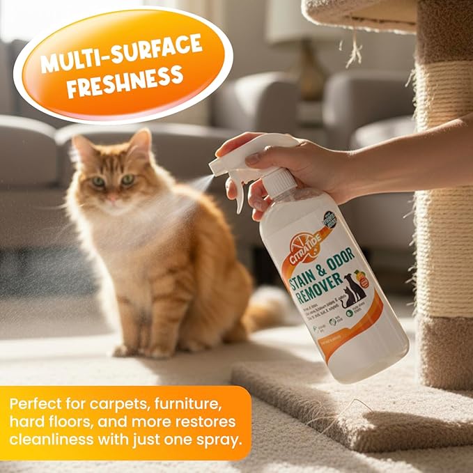 Stain & Odor Remover Concentrate (16 fl oz) – Citrus Powered Enzymatic Cleaner – Plant-Based Pet Safe Formula for Carpets, Upholstery, Hard Floors & More – USA Made, Eco-Friendly, Non-Toxic