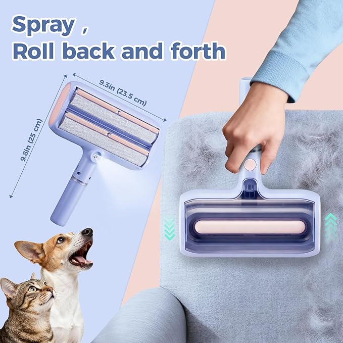 Upgraded Pet Hair Remover with Double Roller, Dual Trapping compartments with Spray Function, Reusable Lint Roller, Pet Hair Removal Tool, Cat and Dog Hair Remover for Furniture, Couch, Carpet, Car