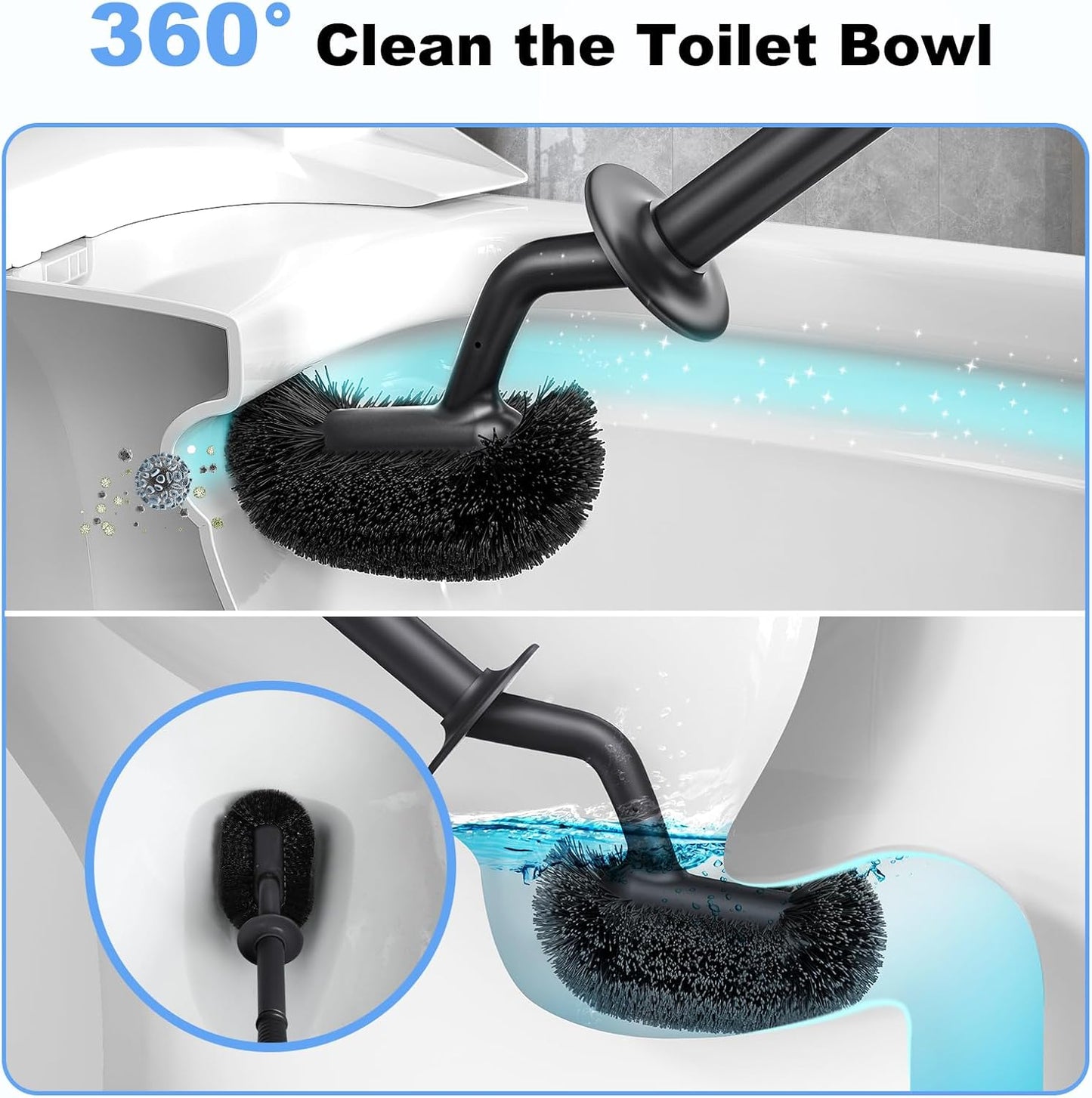 HAMITOR Toilet Bowl Brush Holder Set: Curved Design with Holder for Deep Cleaning Under Rim - Compact Hidden Scrubber for Small Space - Modern RV Bathroom Accessories - Black