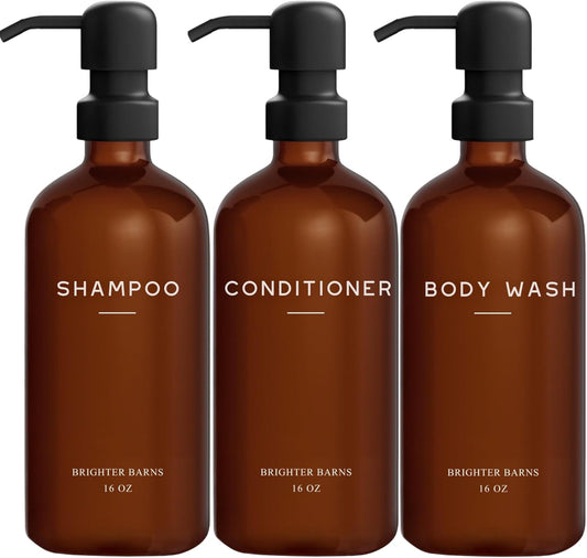 Amber Shampoo and Conditioner Dispenser Set by Brighter Barns - Body Wash and Shampoo Bottles with Pump - Refillable Plastic Shower Dispenser for Modern Bathroom Decor in Vacation Rental, Spa (Amber)