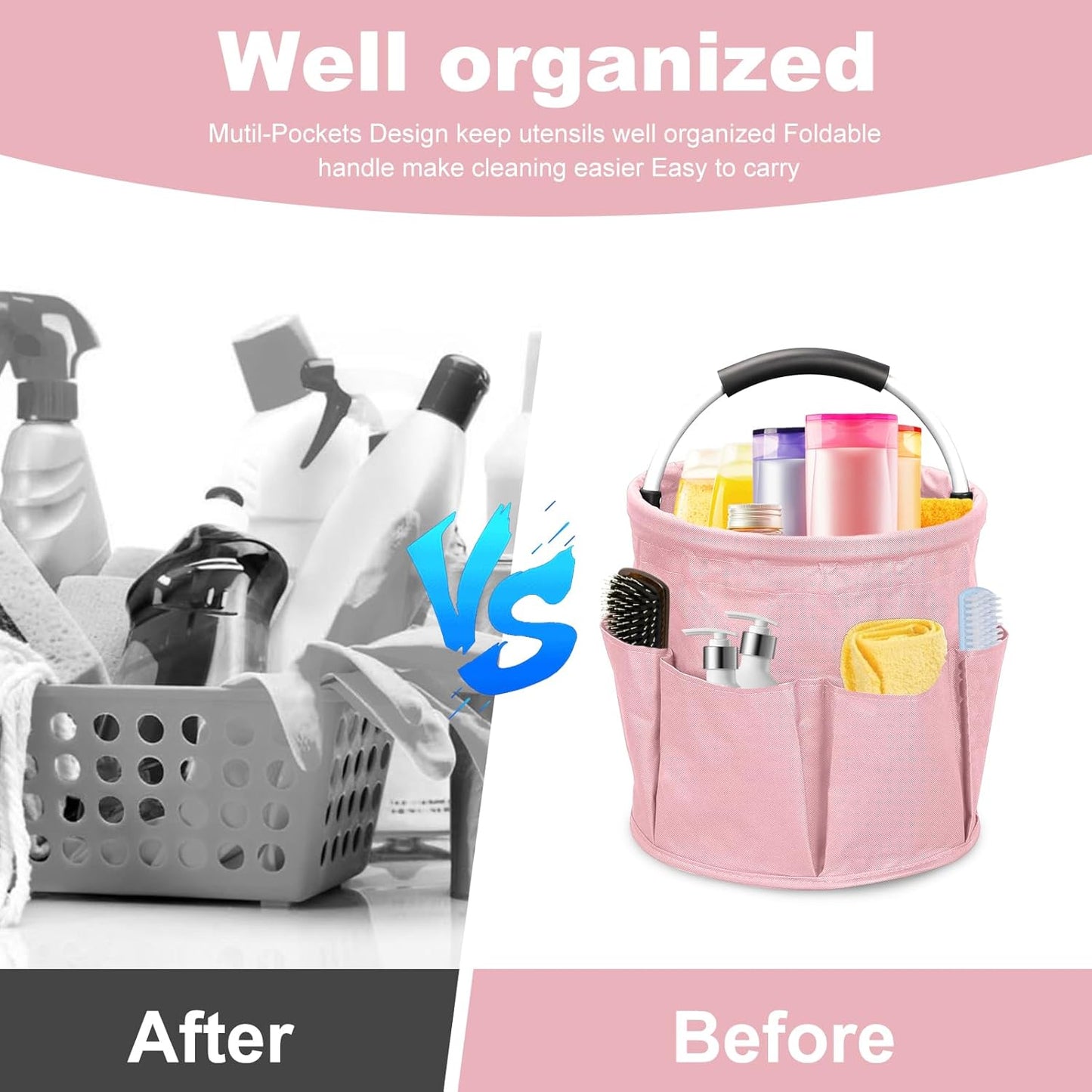 Qivine 17L Cleaning Caddy with Handle, Cleaning Supply Caddy Foldable Tool Bag Cleaning Products Organizers Portable Cleaning Bucket Organiser for Storing Towels (Pink)