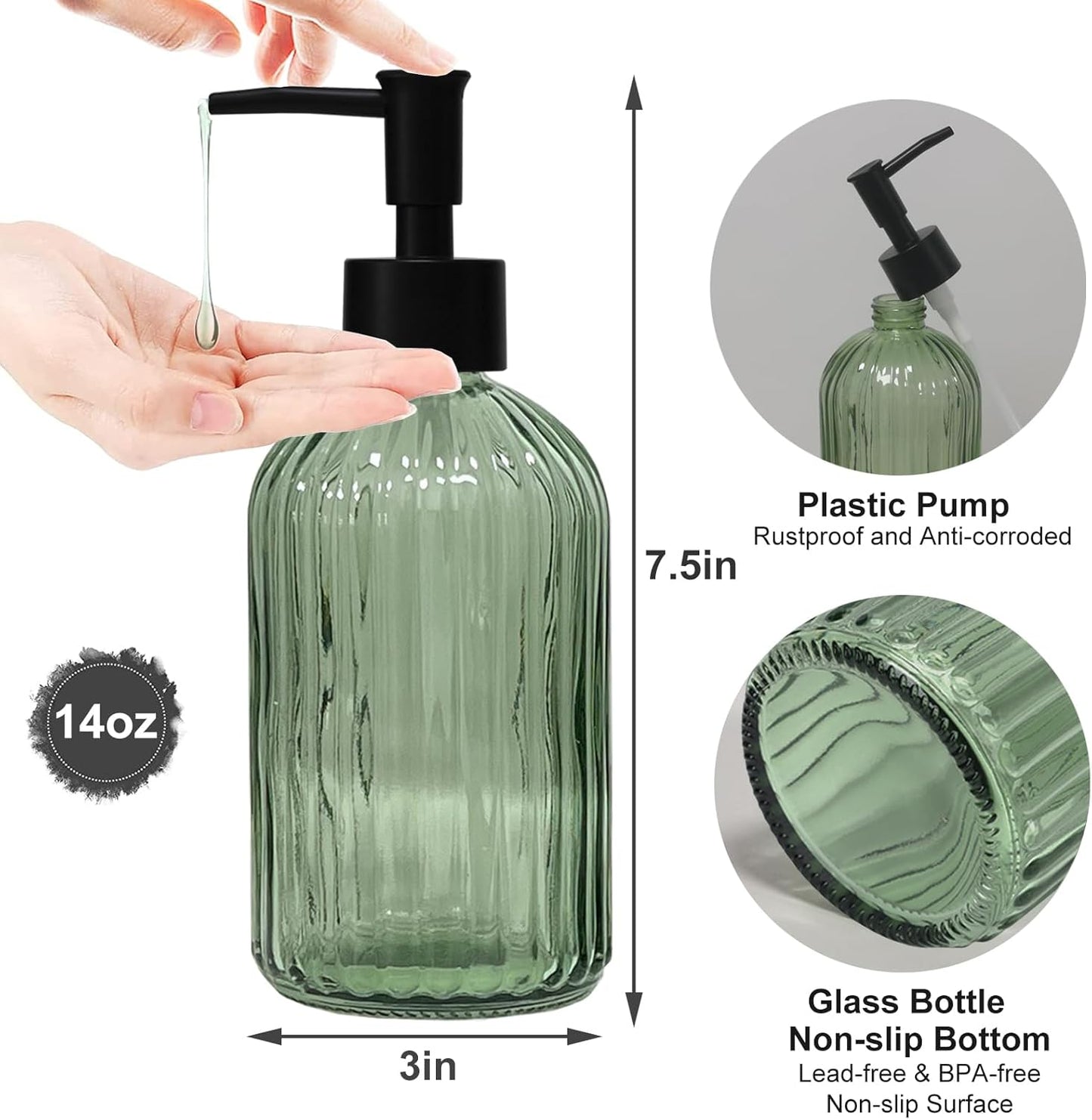 Green Glass Soap Dispenser with Black Plastic Pump, 13.5oz Refillable Liquid Hand Soap Dispenser, Lotion Dish Soap Dispenser for Modern Home Decor, Bathroom, Kitchen Countertop, Hotel