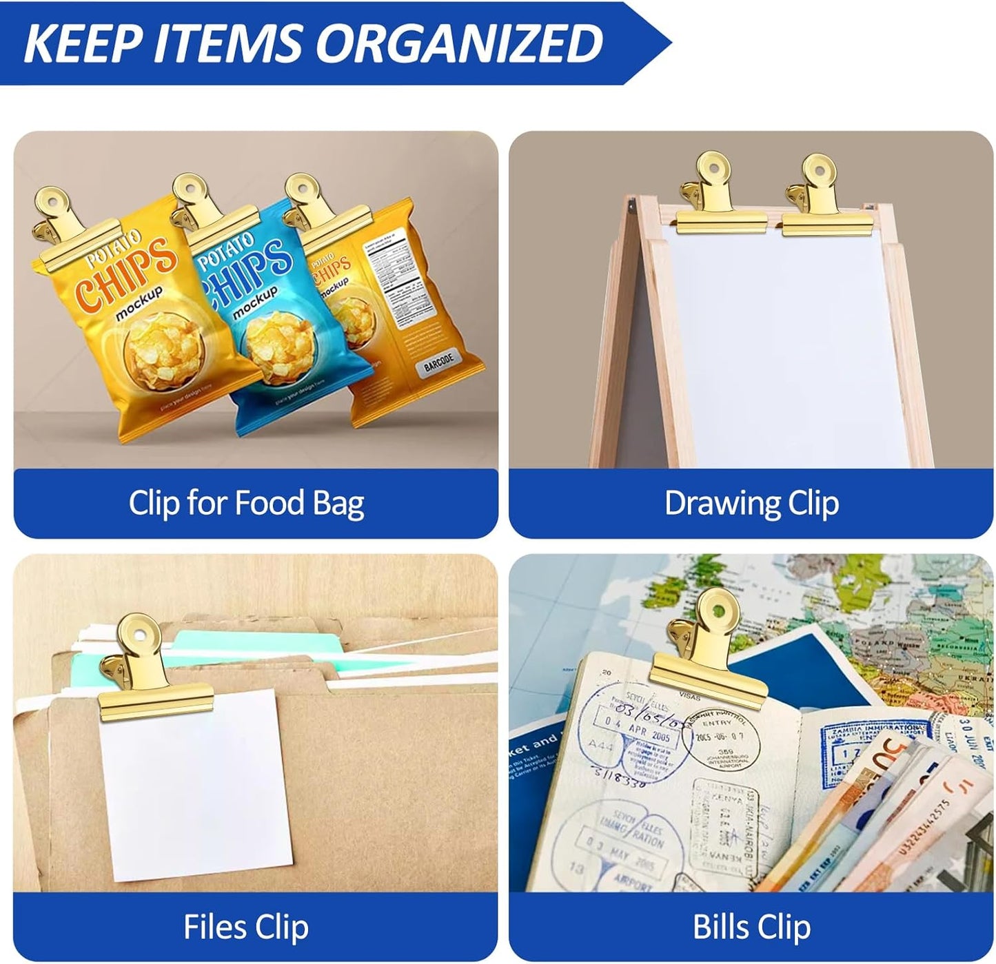 10 Pack Large Metal Hinge Clips 2.5 Inches Bull Hinge Paper Clips Gold Bulldog Clips for Crafts, Photo, Drawing, Food Bags at Home, Office, School, Shop, Gold, 63mm