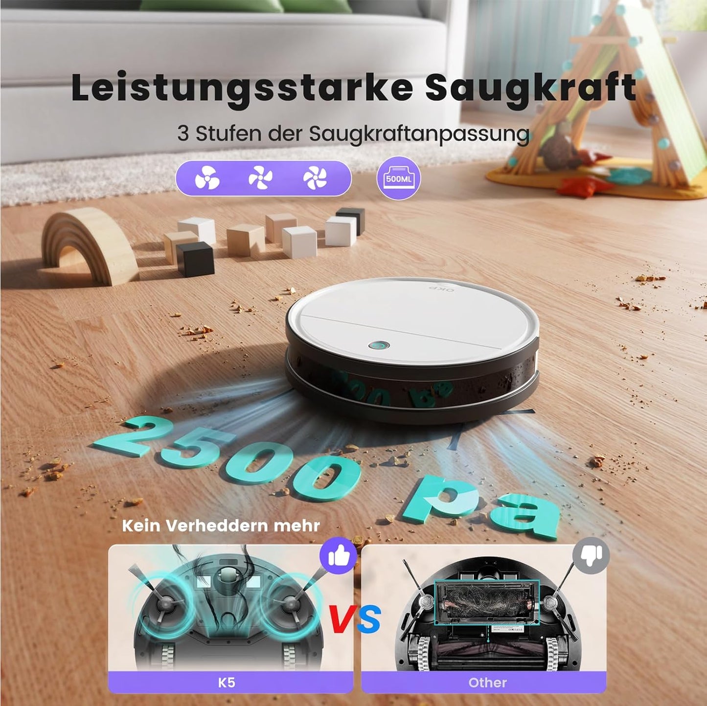 OKP Robot Vacuum Cleaner K5B, Super Thin, Powerful Suction, Cleaning Schedules, Self-Charging, Robotic Vacuums with Wi-Fi/App/Alexa Control, Ideal for Pet Hair Carpets Hard Floors