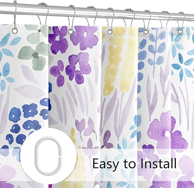 Purple Floral Shower Curtain, Lavender Colorful Boho Flower Fabric Shower Curtain, Cute Funky Watercolor Wildflower Shower Curtain Set, Cottagecore Bohemian Bathroom Decor, 72x72