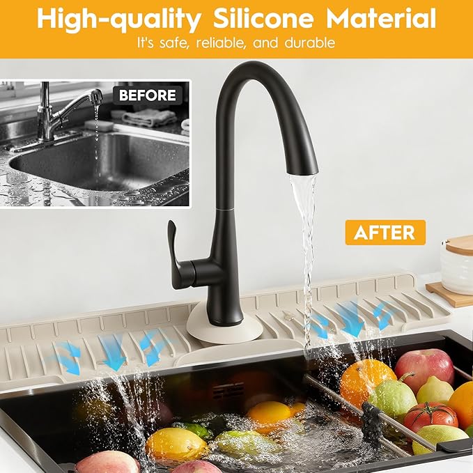 24" Silicone Faucet Mat for Kitchen Sink Released in 2025/12TH,8° Slope Fast Self-draining-Kitchen Sink Splash Guard,Bathroom Kitchen Sink Area Water Splash Guard Behind Faucet Draining Mat Beige