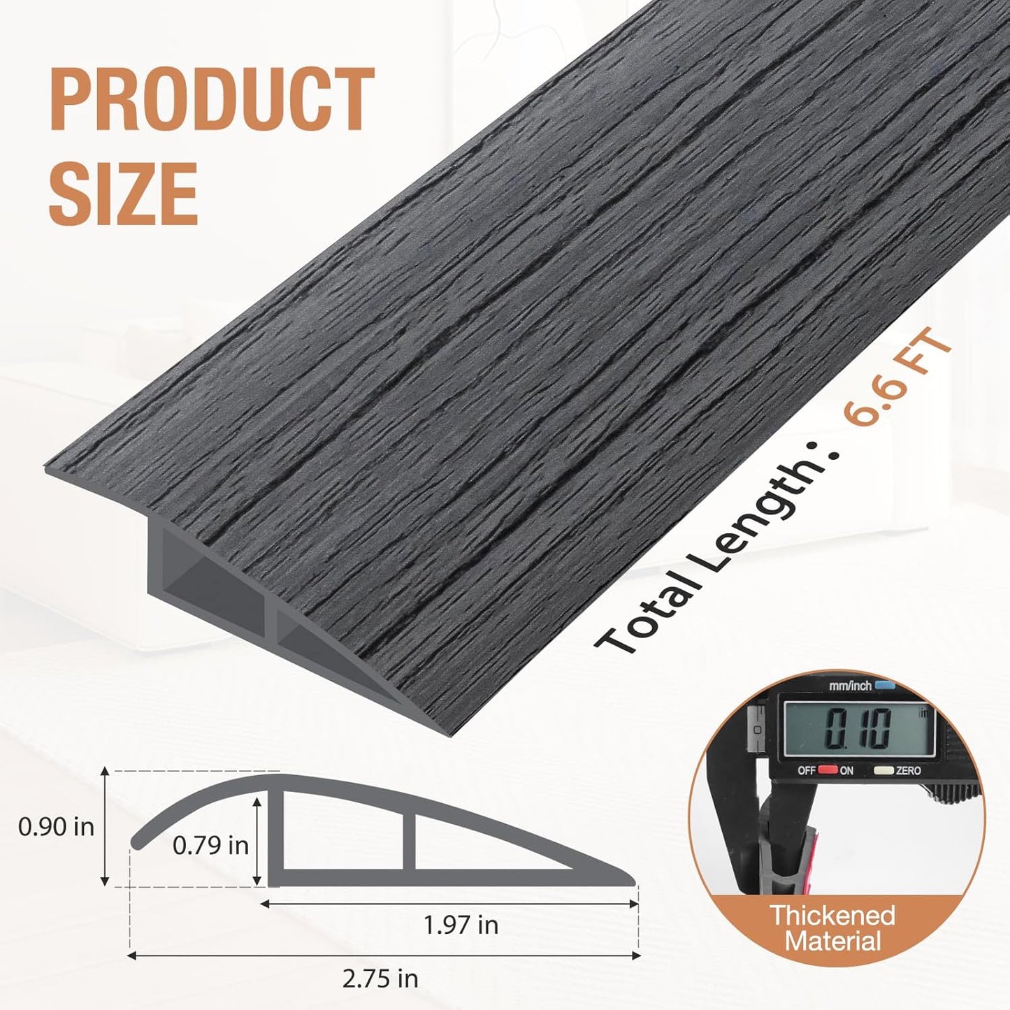 Floor Transition Strip Self Adhesive Vinyl Door Threshold for Doorways Carpet Edging Trim Overlap Edge Reducer for Laminate Floor, Carpet, Tile (Deep Gray Wood Grain, 3/5" to 4/5", 6.6Ft)