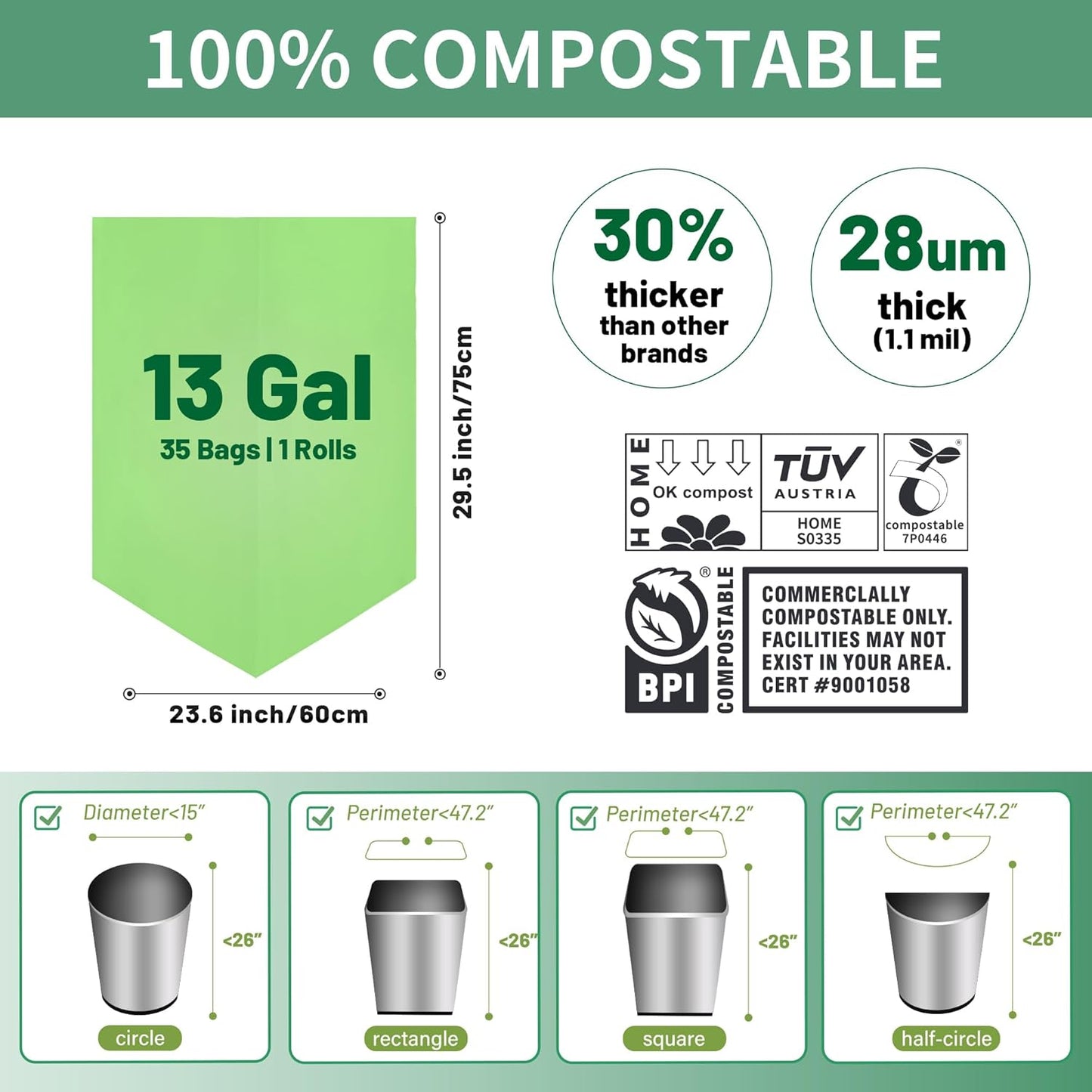 13 Gallon Trash Bags Compostable Compost Large Garbage Bag Extra Thick 1.1 Mil for Kitchen Bathroom BPI Certified 35 Counts, Green