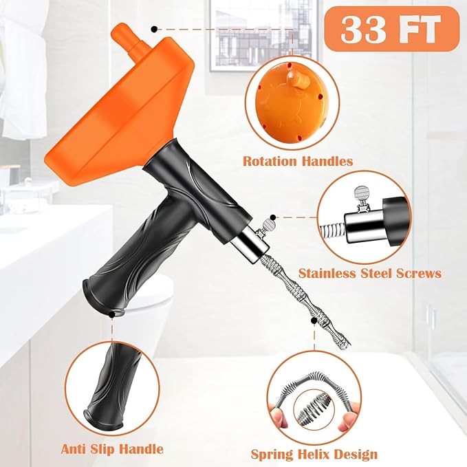 Drain Auger 33 Feet, Plumbing Snake Hair Clog Removal Tool, Heavy Duty Toilet Auger, Clog Remover Tool for Bathroom Kitchen Tub Shower Drain Clog Remover with Gloves, Orange