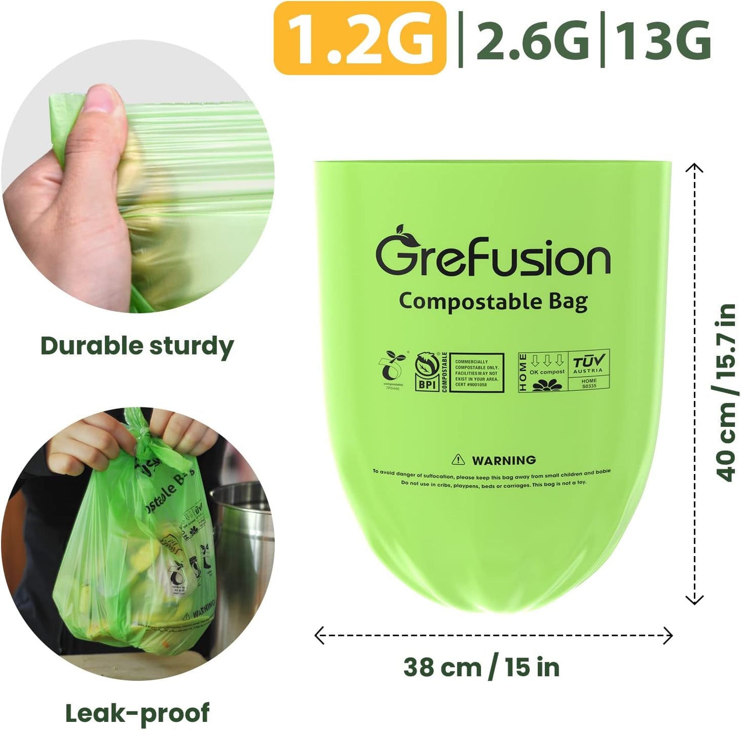 GreFusion Compostable Trash Bags for Kitchen Compost Bin 1.2 Gallon,150 Count,Compost Bags Small for Food Scrap Waste Bags for Countertop Bin Certified by BPI,ASTM D6400 and OK Compost