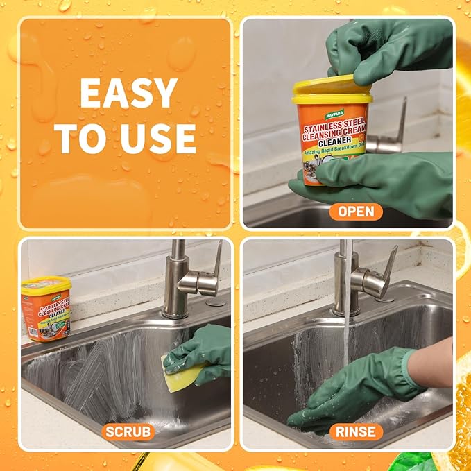 STAINLESS STEEL CLEANER & POLISH - Heavy Duty Cleaning Paste for Stove, Oven, Pans, Cookware, Sink | All Purpose Multi-Purpose Household Cleaner | Removes Grease & Stains | with 2 Sponges (500g)