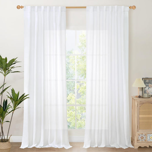 YoungsTex 84 Inch Length White Linen Curtains for Living Room, Semi Sheer Drapes with Rod Pocket Back Tab Light Filtering Window Treatments for Dining Bedroom, 52 X 84 Inch, 2 Panels