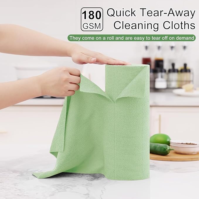 Homaxy Tear Away Dish Cloths Rolls, 40 Sheets-11.8" X 11.8", Reusable Washable Dish Towels for Kitchen, Ultra Absorbent and Quick Drying Microfiber Cleaning Rags, Green