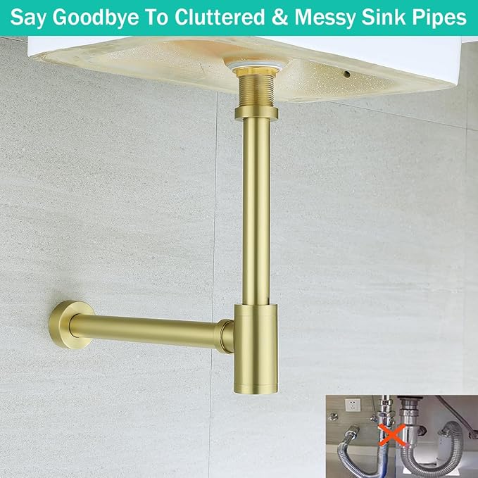 Brass Round Bottle P-Trap 1 1/4, Adjustable Basin Sink Waste Drain Trap Kit, Brushed Gold P Trap