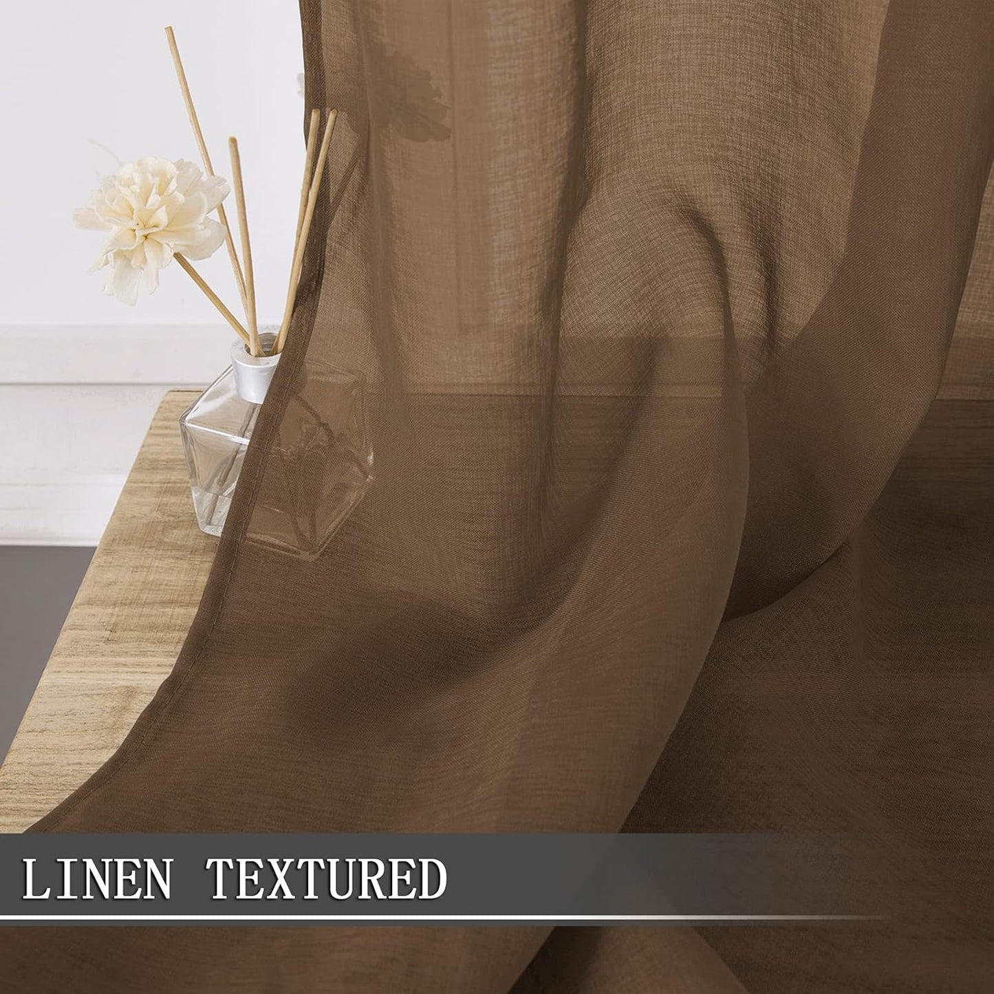 Tollpiz Sheer Curtain Linen Textured Bedroom Curtains Sheer Light Filtering Rod Pocket Voile Curtain for Living Room, 54 x 95 inches Long, Brown, Set of 2 Panels