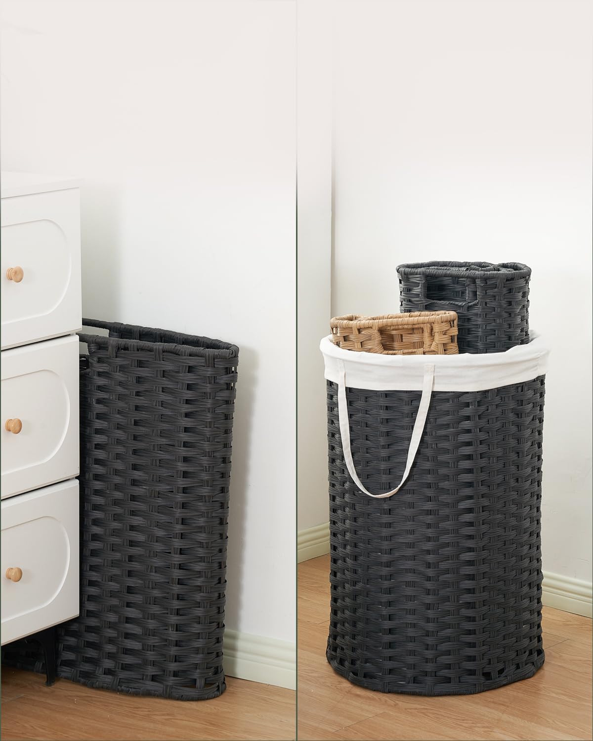 34.3 Gal (130 L) Large Laundry Hamper Laundry Basket Round Handwoven Wicker Laundry Baskets Rattan Laundry Basket with Removable Bag Handles 2 Mesh Bags for Living Room Bedroom Black
