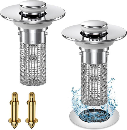 2PC Bathroom Sink Stopper Hair Catcher, Pop Up Sink Drain Filter with Removable Stainless Steel Filter Basket Hair Catcher, for US Bathroom Sink Stopper Replacement.