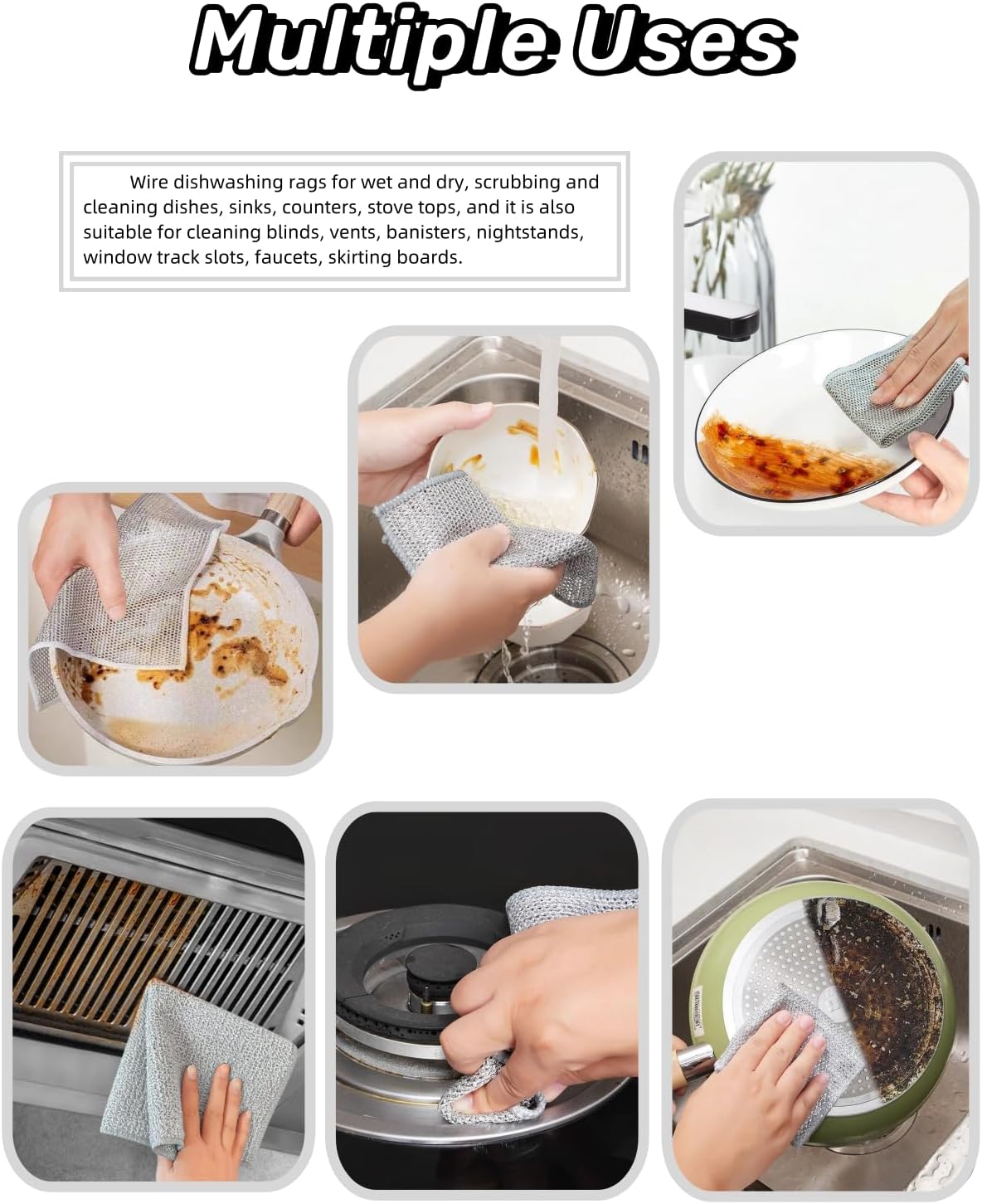 Stainless Steel Scrubber and Cleaning Rags - Non Scratch Wire Dishcloth for Washing Dishes, Steel Wool Scrubber and Dish Towels for Kitchen (6PCS)