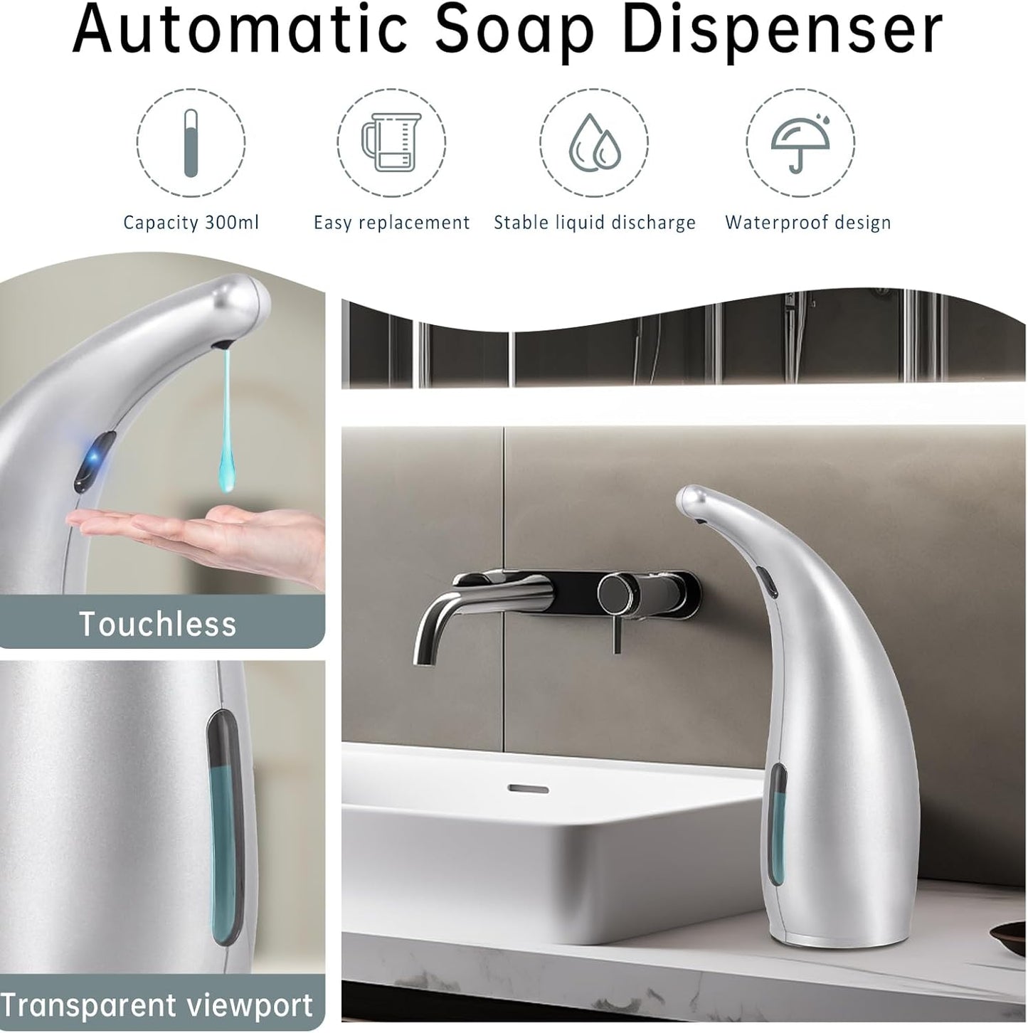 Automatic Liquid Soap Dispenser,300ML Touchless 4 Gear Adjustable, Countertop Electric Battery Operated Hand Soap Dispenser with Sensor for Bathroom,Kitchen,Office（Gray）