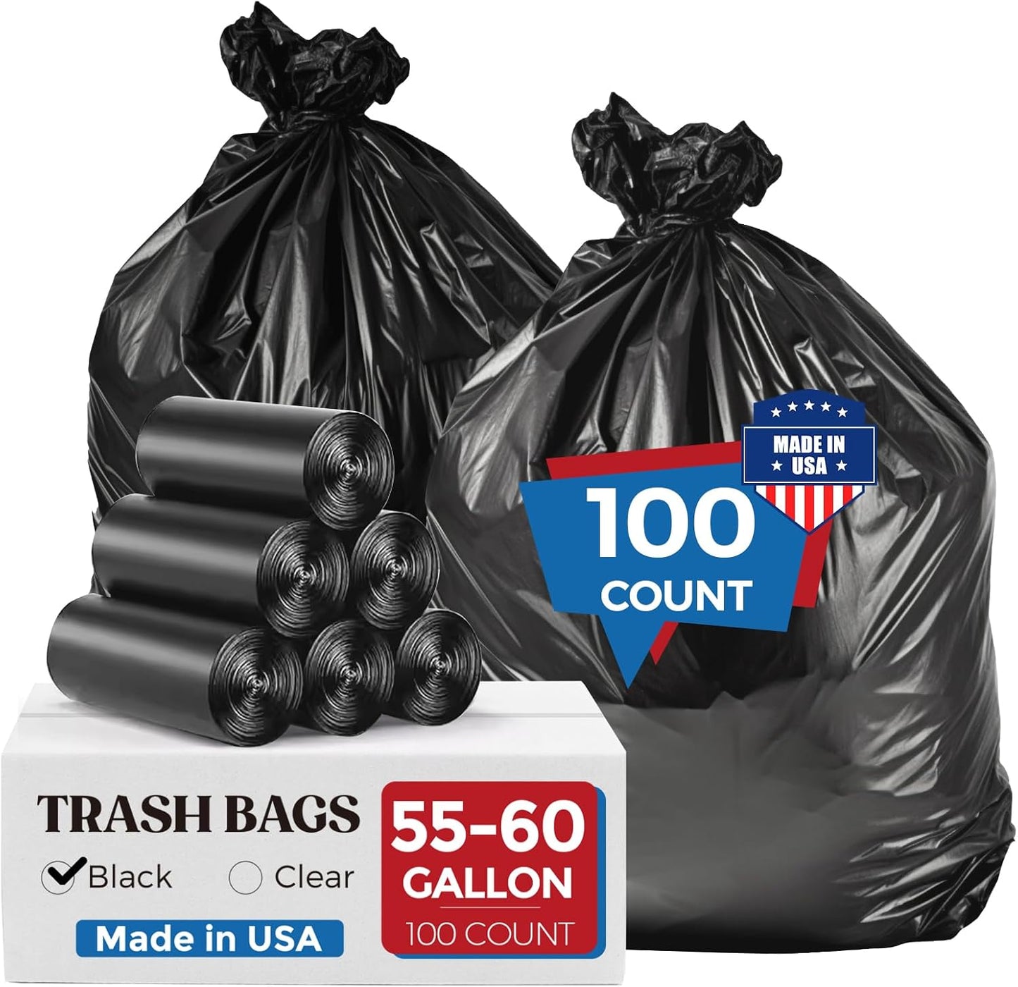 Fuxury 55-60 Gallon Heavy Duty Trash Bags, 100 Count Black Garbage Bags, 23 Mic Thick, 38x58 in, Star-Seal Bottom, Plastic Bags Ideal for Home, Yard & Commercial Use, Made in USA