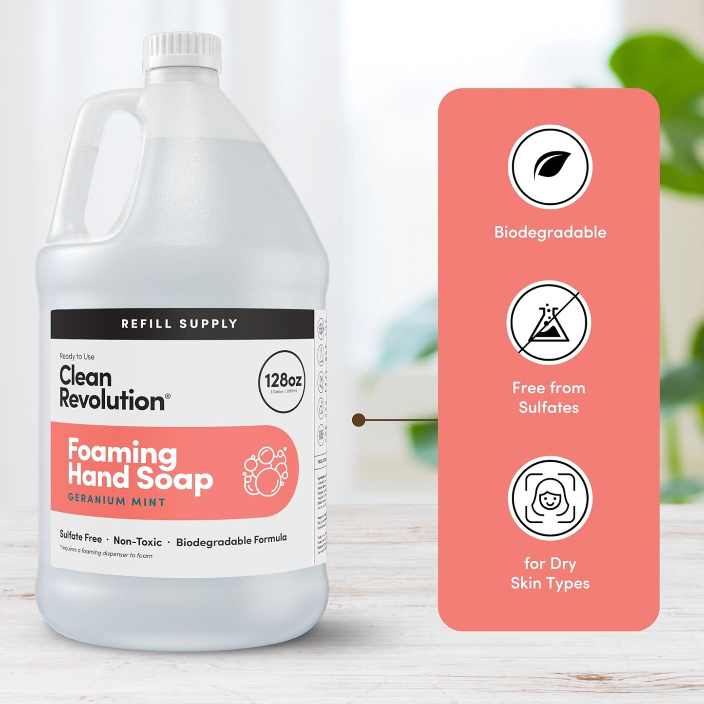 Clean Revolution Foaming Hand Soap, Gentle, Moisturizing, Ready To Use Formula, Real Essential Oils, Gluten Free, Geranium Mint, 128 Fl Oz