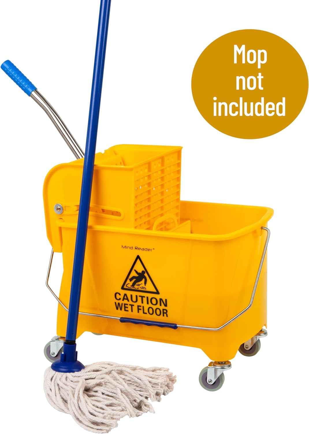 Mind Reader Mop Bucket with Wringer, 22 Qt (5.5 Gallon), Floor Cleaning, Handle, Wheels, 16.25"L x 10.75"W x 24.5"H, Yellow